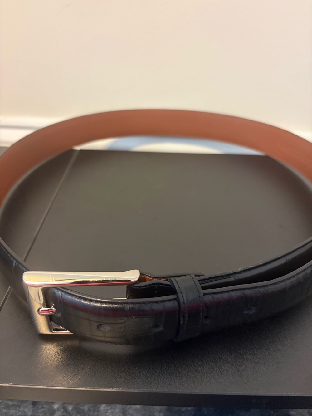Johnston & Murphy Black Leather Belt with Silver Buckle and Brown Reverse